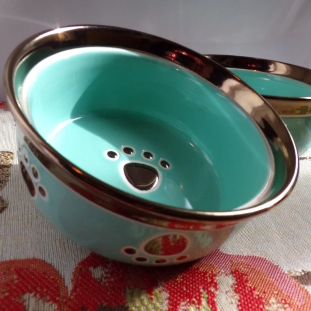 NEW Cute! (1) Ceramic Blue & Bronze Color Trim Dog/Cat Pet Food Water Dish Bowl